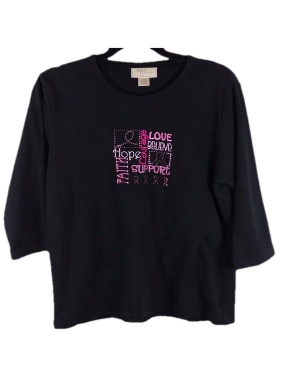 M&C Sportswear Breast Cancer Awareness Black Scoop Neck 3/4 Sleeve Pullover Top